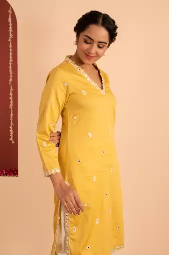 Yellow cotton silk gold zari handwork kurta set