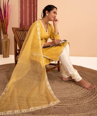 Yellow cotton silk gold zari handwork kurta set 5