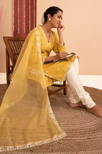 Yellow cotton silk gold zari handwork kurta set