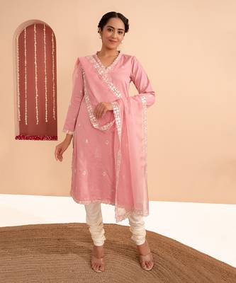 Pink cotton silk gold zari handwork kurta set 1
