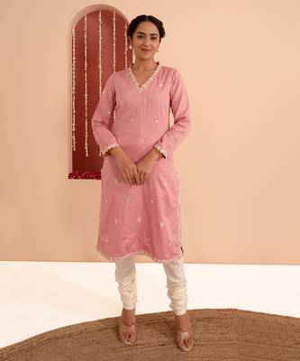 Pink cotton silk gold zari handwork kurta set 2