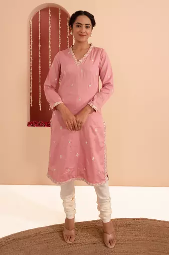 Pink cotton silk gold zari handwork kurta set