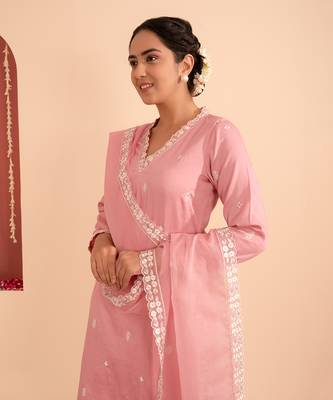 Pink cotton silk gold zari handwork kurta set 3