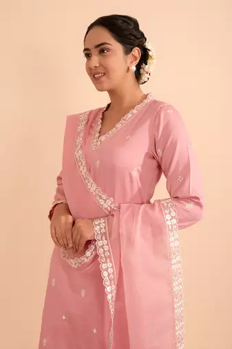 Pink cotton silk gold zari handwork kurta set