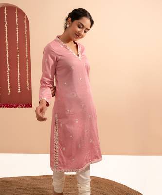 Pink cotton silk gold zari handwork kurta set 4