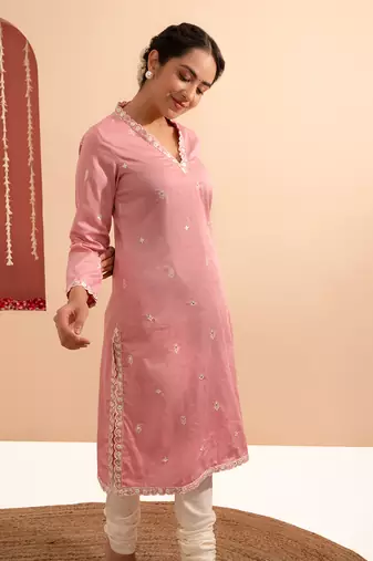 Pink cotton silk gold zari handwork kurta set