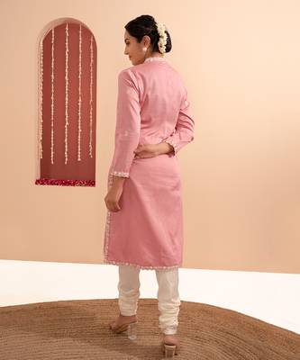 Pink cotton silk gold zari handwork kurta set 5
