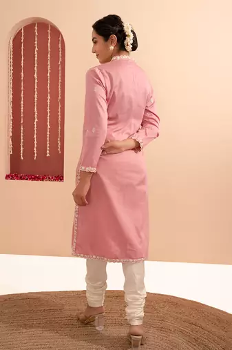 Pink cotton silk gold zari handwork kurta set