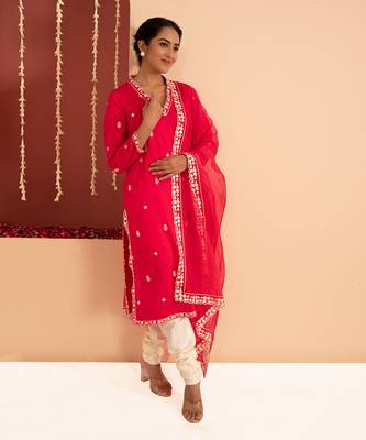 Magenta cotton silk gold zari handwork kurta set 1