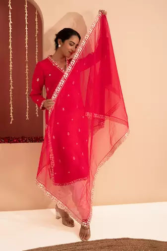 Magenta cotton silk gold zari handwork kurta set