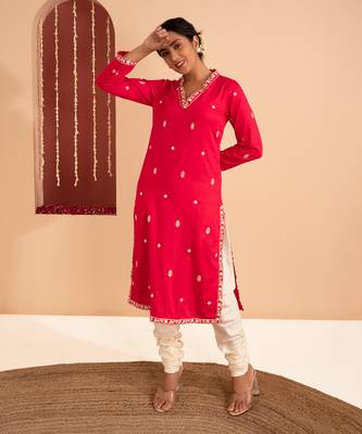 Magenta cotton silk gold zari handwork kurta set 3