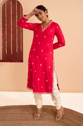Magenta cotton silk gold zari handwork kurta set