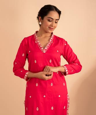 Magenta cotton silk gold zari handwork kurta set 4