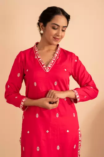 Magenta cotton silk gold zari handwork kurta set