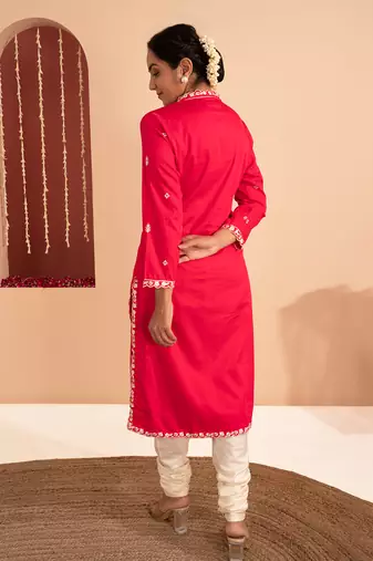 Magenta cotton silk gold zari handwork kurta set