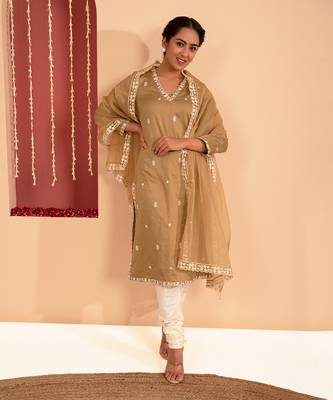 Olive green cotton silk gold zari handwork kurta set 1