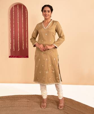 Olive green cotton silk gold zari handwork kurta set 2