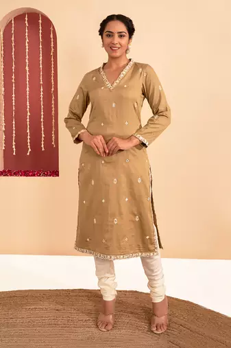 Olive green cotton silk gold zari handwork kurta set