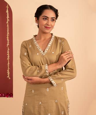 Olive green cotton silk gold zari handwork kurta set 3