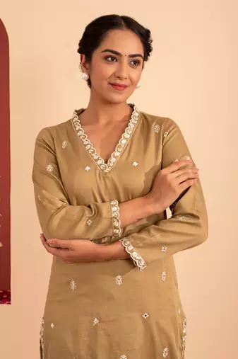 Olive green cotton silk gold zari handwork kurta set