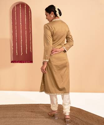 Olive green cotton silk gold zari handwork kurta set 4