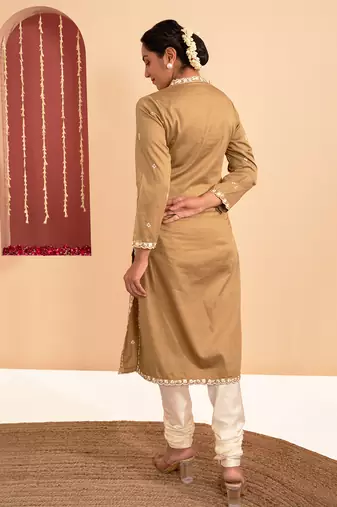 Olive green cotton silk gold zari handwork kurta set