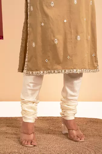Olive green cotton silk gold zari handwork kurta set
