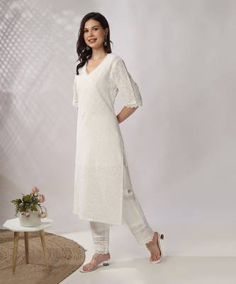White embroidered straight kurta set 3