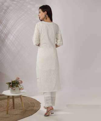 White embroidered straight kurta set 4