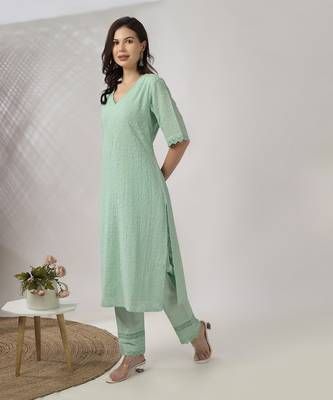 Light aqua green embroidered straight kurta set 3