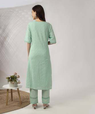 Light aqua green embroidered straight kurta set 4