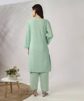 Light aqua green embroidered straight kurta set 3