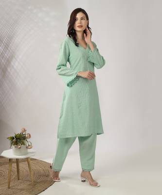 Light aqua green embroidered straight kurta set 4
