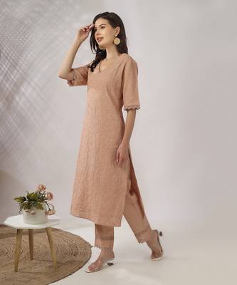 Beige embroidered straight kurta set 3