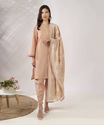 Beige embroidered straight kurta set 1