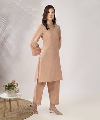 Beige embroidered straight kurta set 3