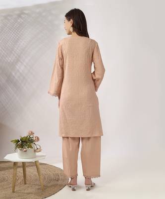 Beige embroidered straight kurta set 4