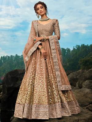 brown zari worked net lehenga set choli with dupatta 1
