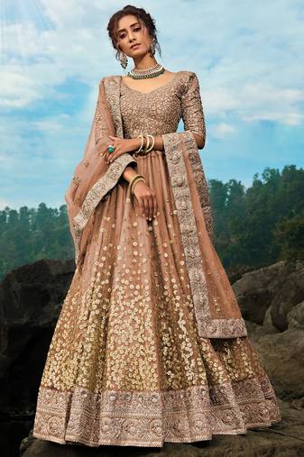 Alluring Brown Zari Worked Net Engagement Wear Lehenga Choli