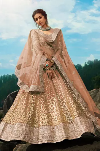 brown zari worked net lehenga set choli with dupatta