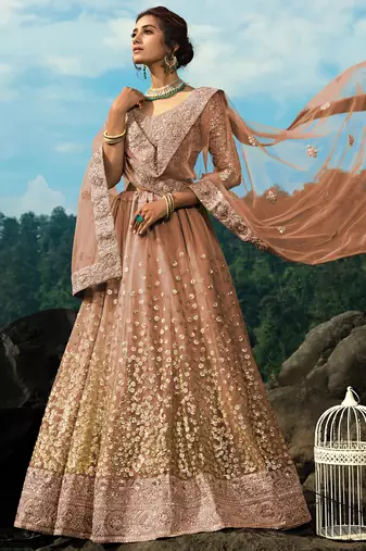 brown zari worked net lehenga set choli with dupatta