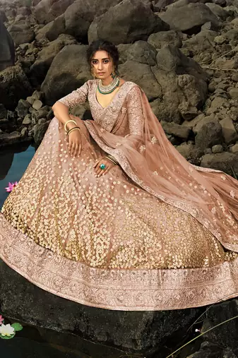 brown zari worked net lehenga set choli with dupatta
