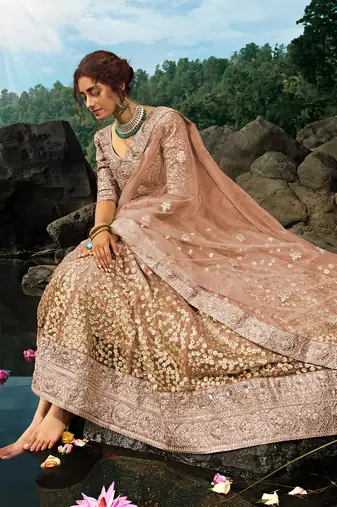 brown zari worked net lehenga set choli with dupatta