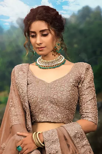 brown zari worked net lehenga set choli with dupatta