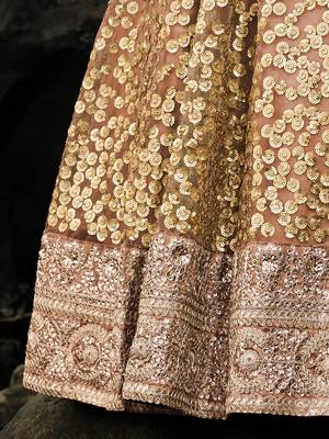 brown zari worked net lehenga set choli with dupatta 7