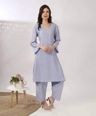 Powder blue embroidered straight kurta set 3