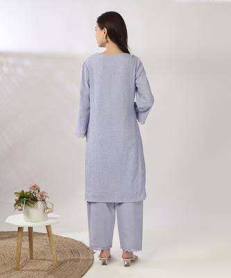 Powder blue embroidered straight kurta set 4