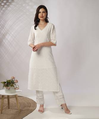 White embroidered straight kurta with pant set 1