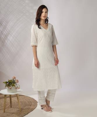 White embroidered straight kurta with pant set 2