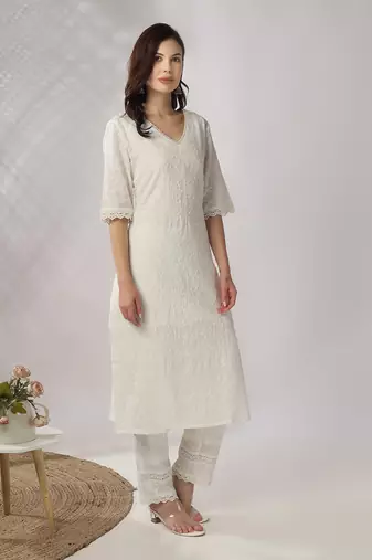 White embroidered straight kurta with pant set
